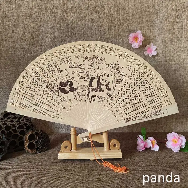 1Pcs Chinese wood carving printing Vintage antique craft fan Incense wood lady folding fan - Цвет: panda