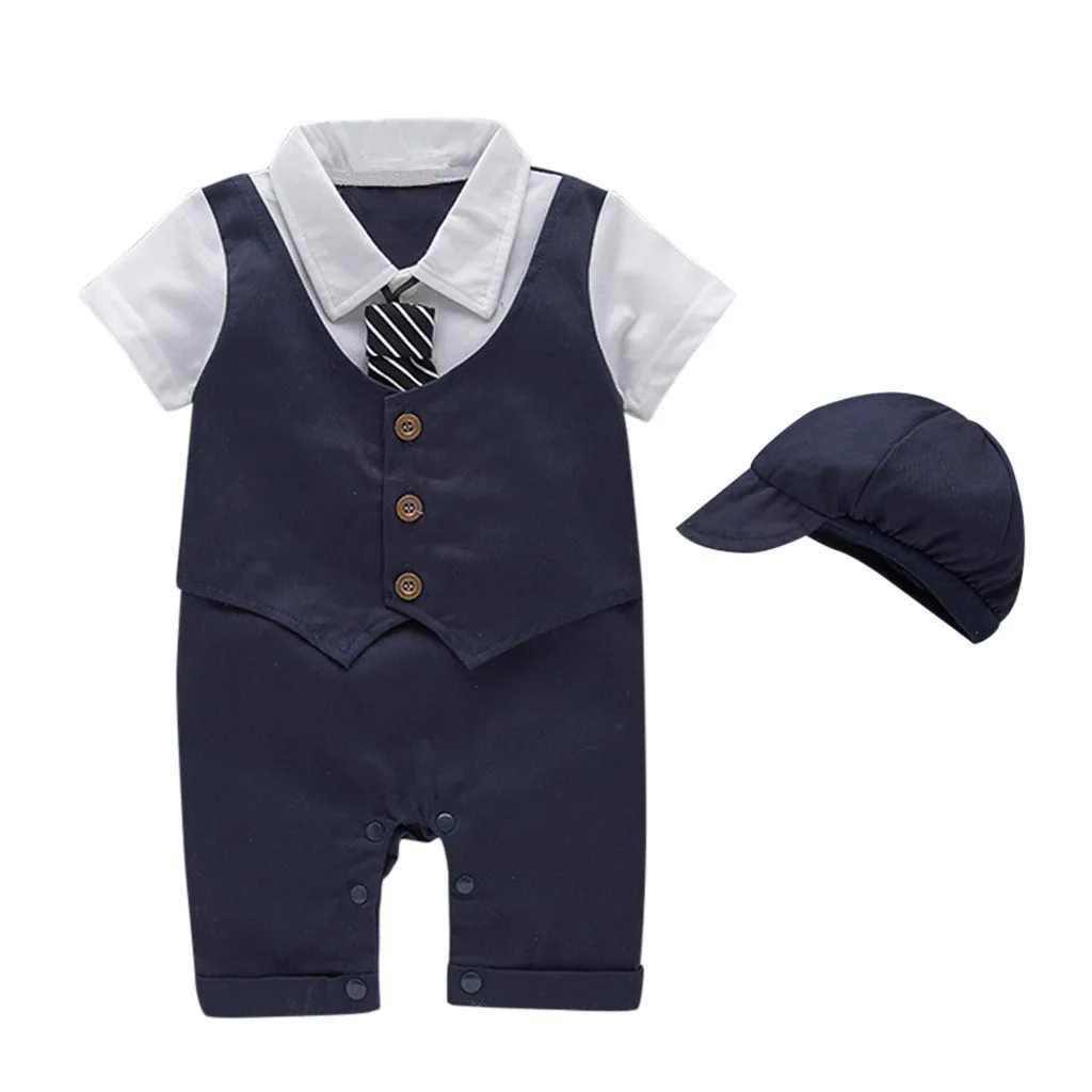 Children's gentleman's suit Infant Baby Short Sleeve Gentleman Romper Solid Print Jumpsuit +Hat boys clothes children clothes#06 |