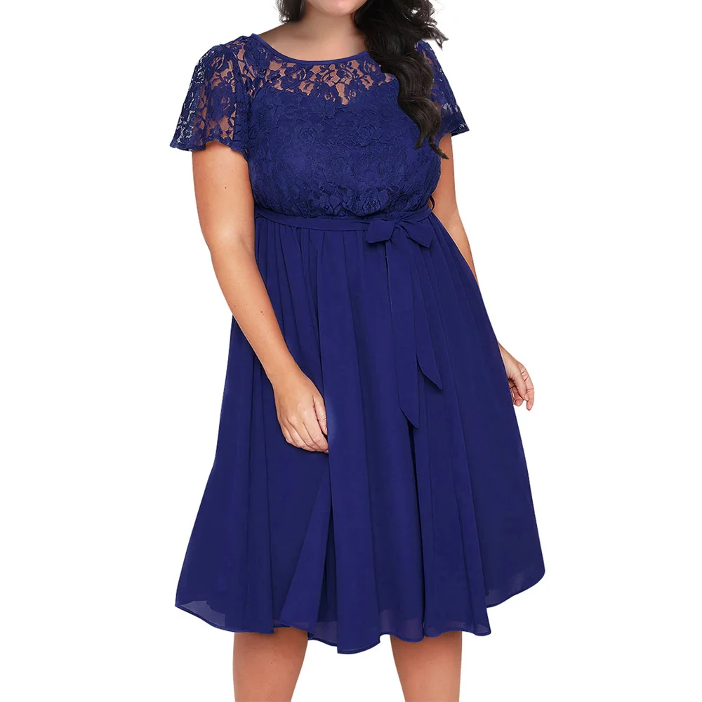 Blue Joineles 3XL-9XL размера плюс, женское повседневное платье, летнее, круглый вырез, короткий рукав, вечерние платья, платье с кружевами - Цвет: Blue