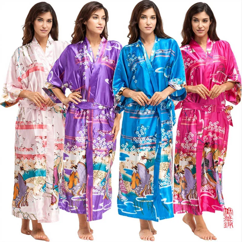 Plus Size Dressing Gown Silk Peignoir Batas De Seda Pink Satin Robe Floral Femme Big Robes Women Sexy | Женская одежда