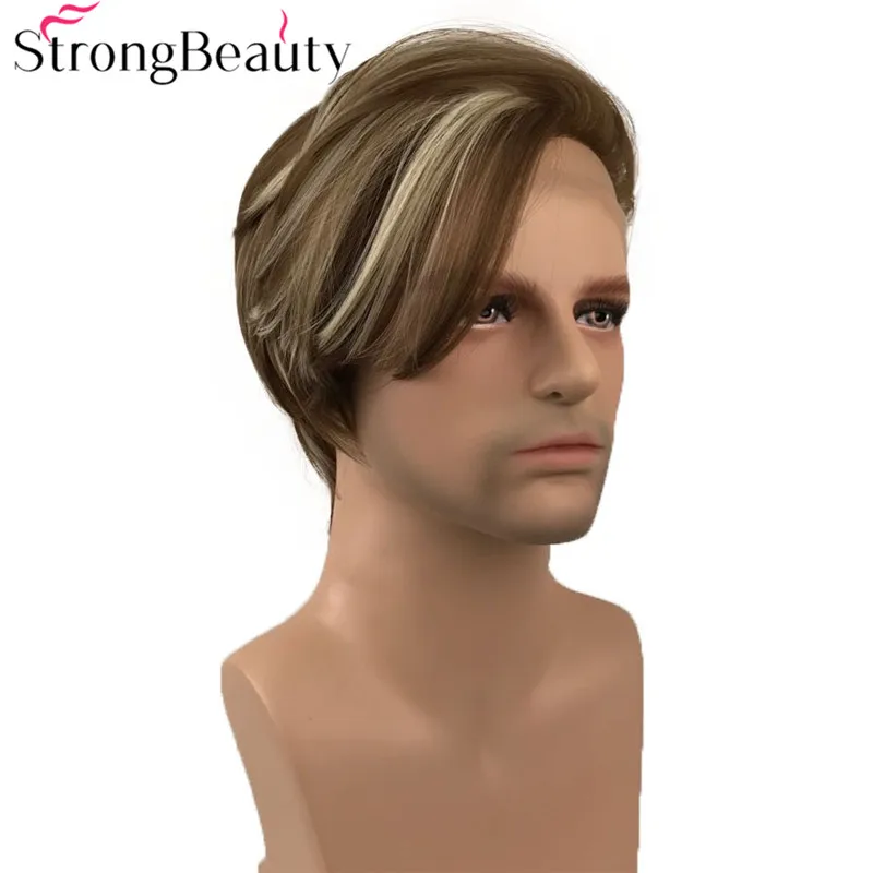 StrongBeauty Synthetic Lace Front Wig Medium Length Natural Straight Wigs Grey White/Brown Hair | Шиньоны и парики