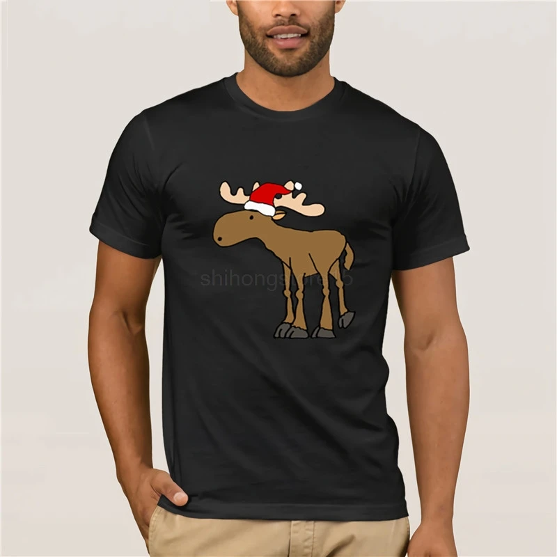 New Fashion T-shirt Men's Clothing Cute Moose wearing Santa hat Christmas Design T-Shirt Merry | Мужская одежда