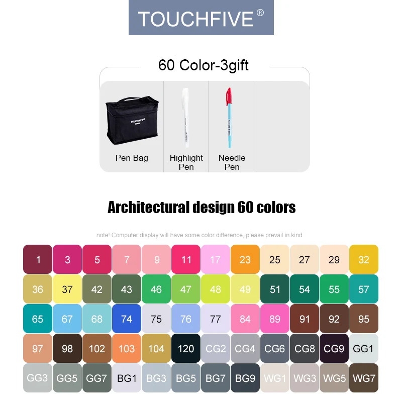 60 architectural set TouchFIVE 30/40/60/80/168 набор цветных маркеров с двойным наконечником, спиртовая основа, хорошее смешивание чернил, профессиональное качество для рисования скетчей, манги, аниме - Цвет: 60 architectural set
