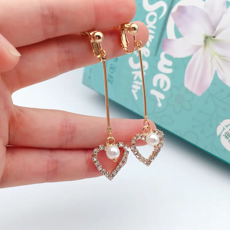 Korea long clip-on earrings imitation pearl heart clip on earing women clips no hole | Украшения и аксессуары
