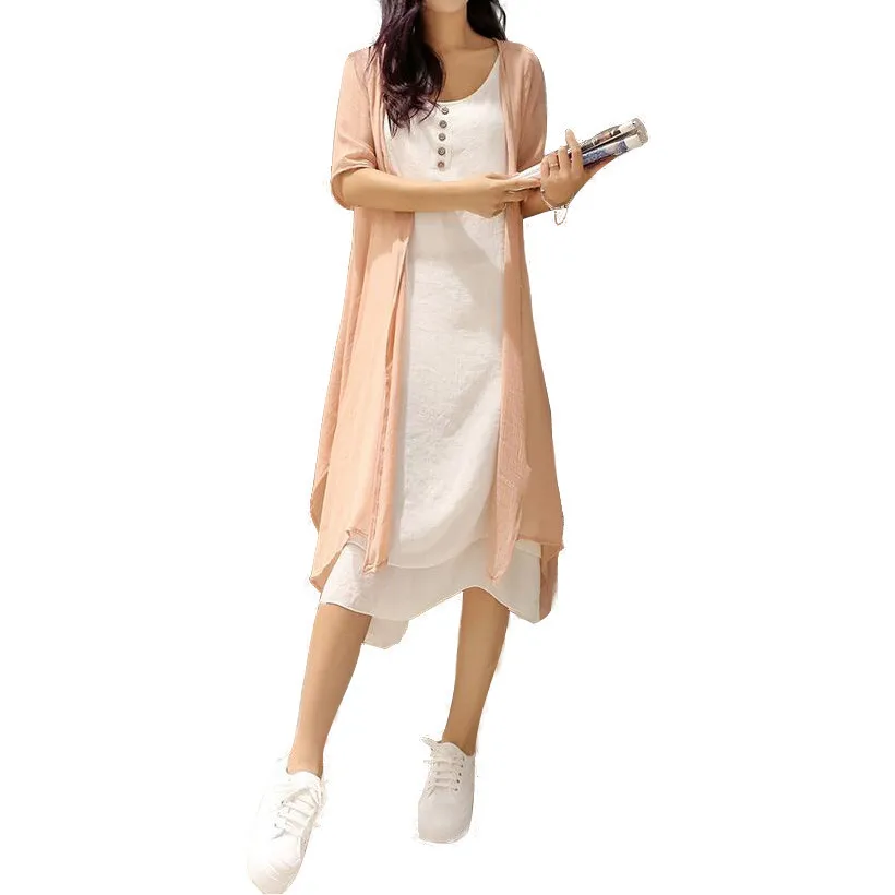 Женское платье из хлопка и льна трапециевидной формы белого зеленого цвета Mori