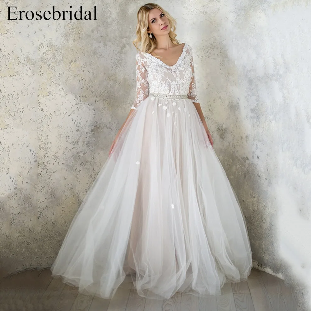 Erosebridal простое свадебное платье 2019 дизайн ТРАПЕЦИЕВИДНОЕ пляжное рукав три