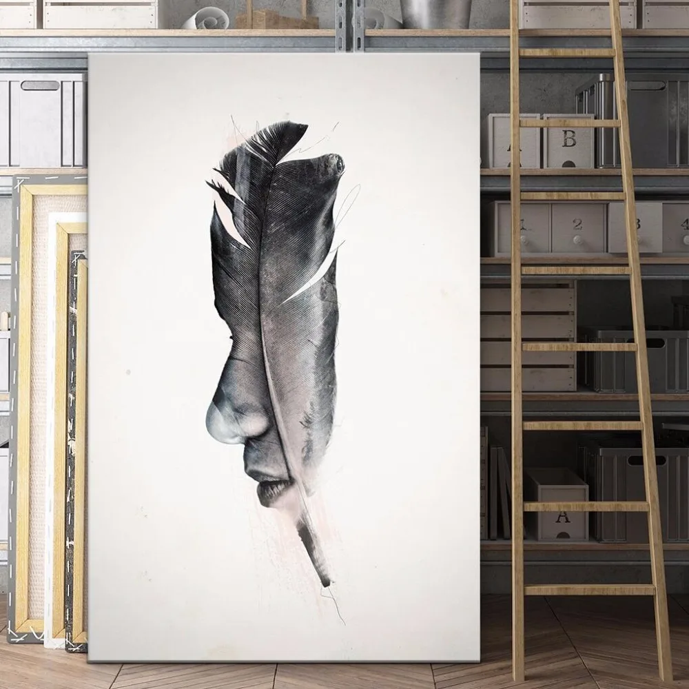 

Modern Feathers and Face Canvas Painting Abstract Oil Painting Wall Pictures Nordic Home Decoration For Living Room No Frame