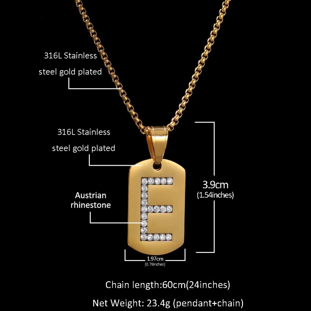 TBTK Gold Square Military Card Stainless Steel 26 Intial Letters Pendant Necklace Crystal Luxury Charm Jewelry Unisex Dog Tag | Украшения и