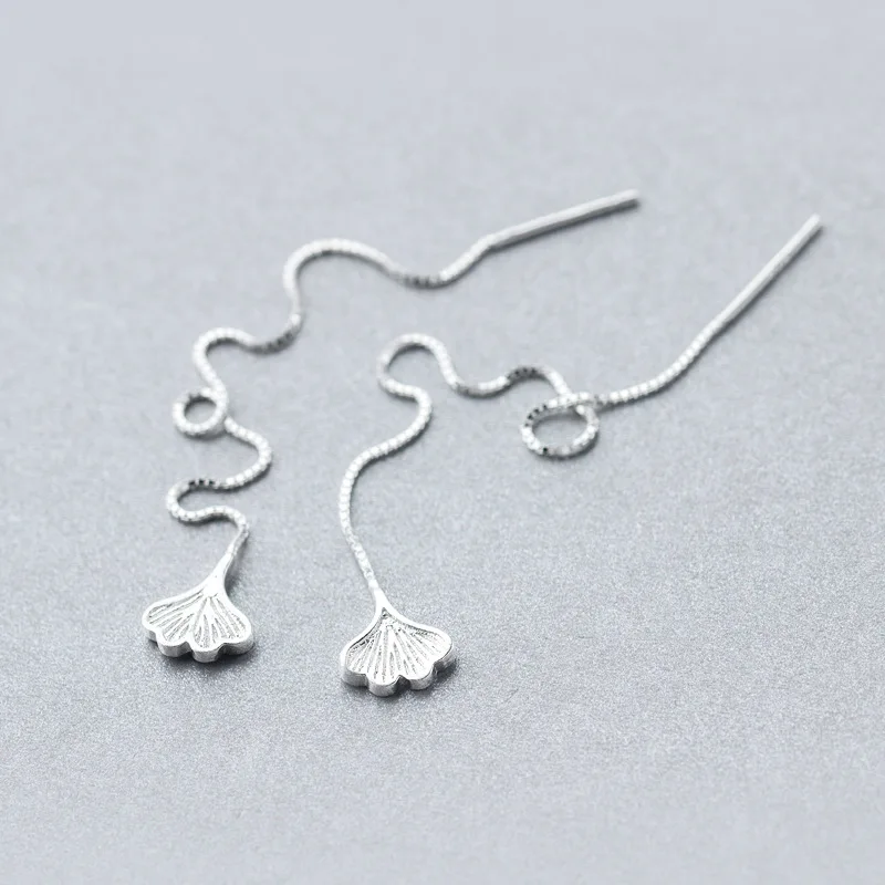 Real. 925 STERLING SILVER Ear Pull Through ginkgo Leaf Threader Earrings Piercing Long Box Chain C-E1639 | Украшения и аксессуары