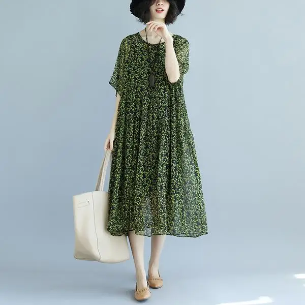 BUYKUD элегантные летние платья женские зеленые с коротким рукавом круглым вырезом