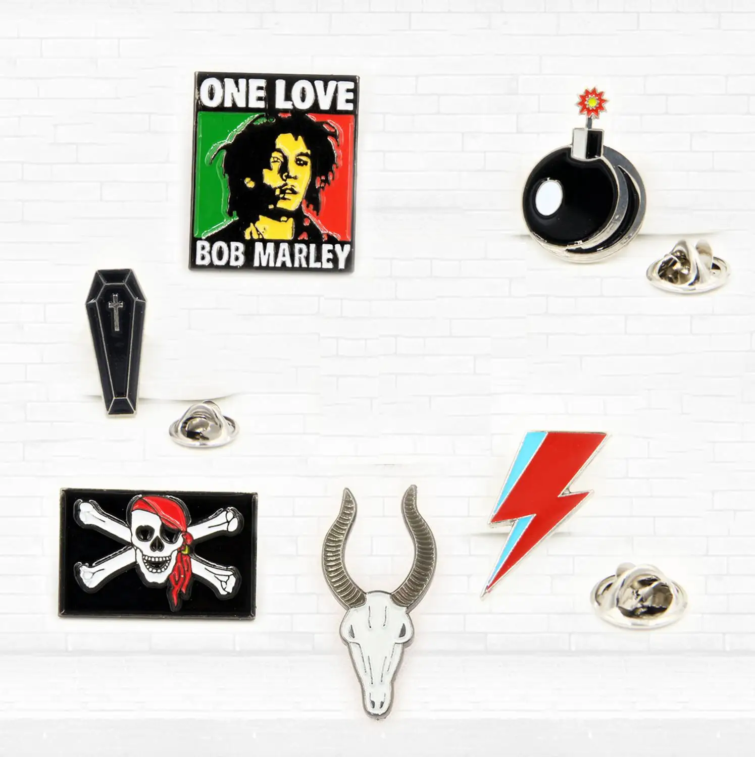 

Cartoon Lapel Pins Music Rock Bob Marley metal Badge Vintage Classics Fashion Retro Pirate lightning