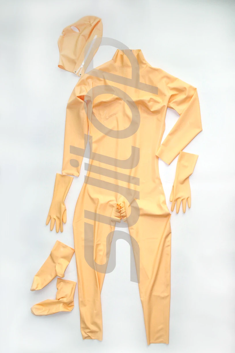 Облегающий латексный комбинезон zentai с объемным бюстом телесного цвета размеры
