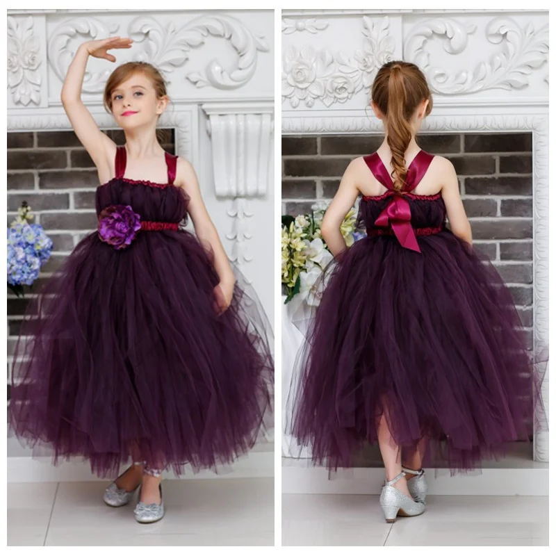 

Princess Flower Girls Ball Gown Dress With Ribbons For Wedding/Birthday/Party Theme Of Purple Baby Girls Tutu Tulle Dress 2-10Y