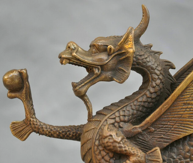 Китайская Бронзовая статуя Fengshui 10 дюймов Крылатый летающий дракон на огне облако