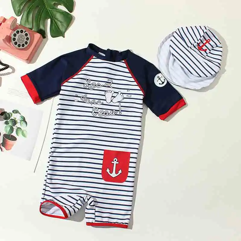 

2019 New Arrival Summer Children Boys Blue White Stripes Swimuit Little Feet Quick Drying Kid One Piece Swimwear Add Hat S96304X