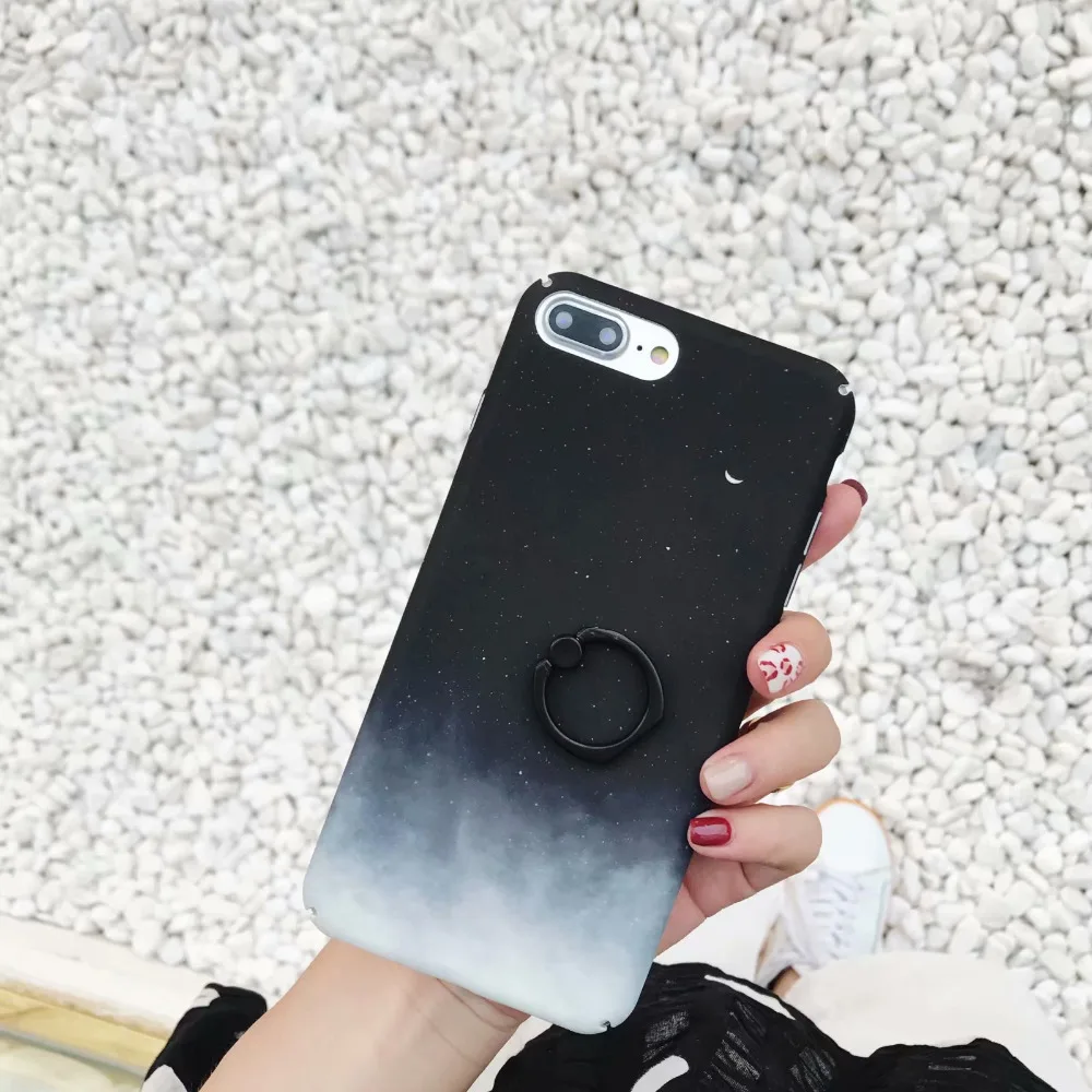 For IphoneXR//78P New Fashion Vintage Artistic illustration black Sky Moon Universe Ring Bracket Kickstand PC Holder Phone Case |