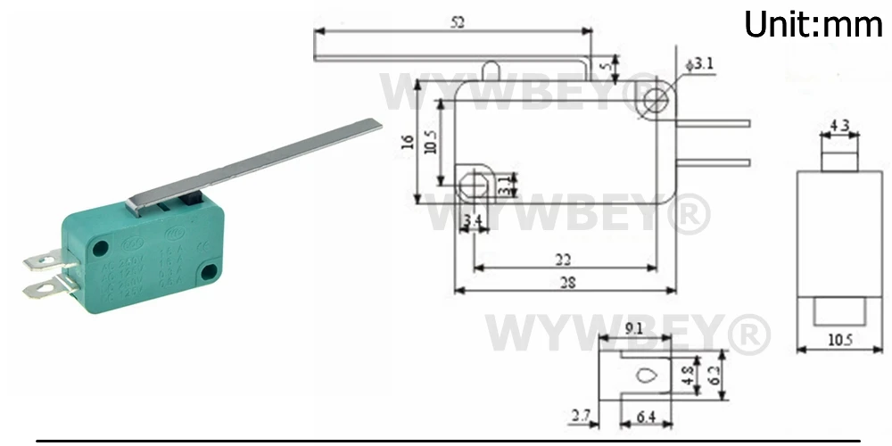 Микро-концевые выключатели 16A 250V 125V SPST 4,8 мм Ширина 2 шпильки нормально открытый 16 мм УФ-фильтр 52 мм с Arc Roller Lever сенсорный переключатель микропереключатель