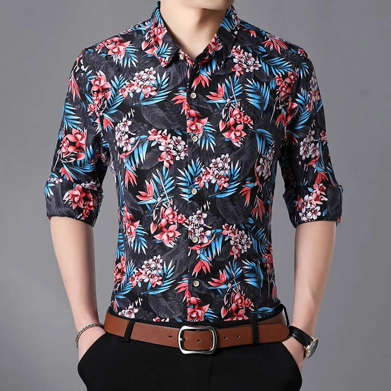 Большие размеры 5XL 6XL 7XL Весна Осень Новые мужские рубашки с принтом личности хлопок с длинным рукавом рубашка - Цвет: 1211 Blue
