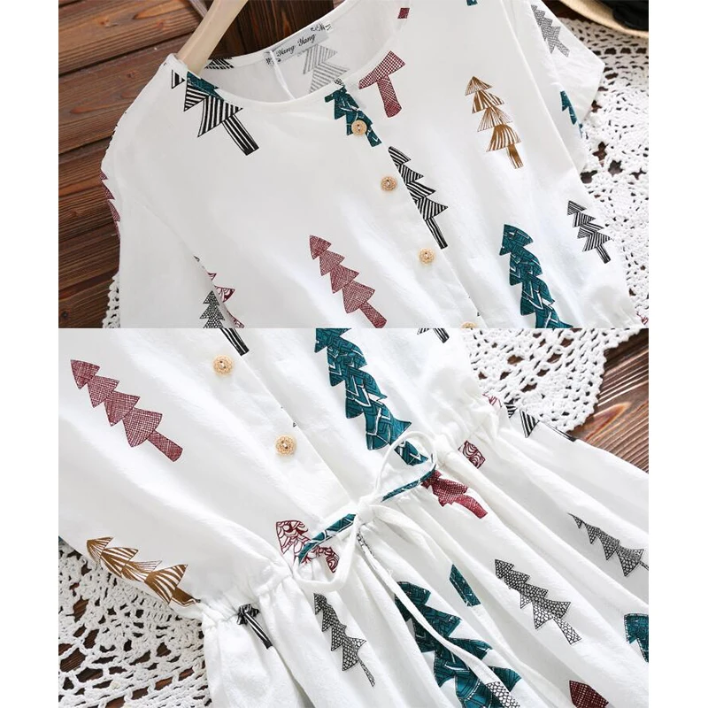 Mori Girl Cotton Linen Vintage Summer Women Clothing O-neck Tree Printed Dress Short Sleeve Loose Casual Vestidos PP-361 | Женская