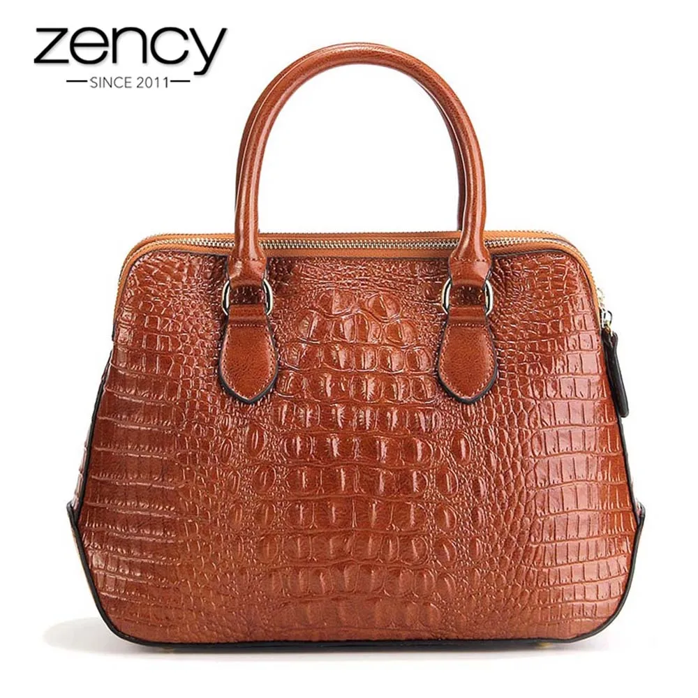

Женская сумка-крокодил Zency, повседневная сумка-тоут из 100% натуральной кожи, модная женская сумка-мессенджер через плечо, классический черны...