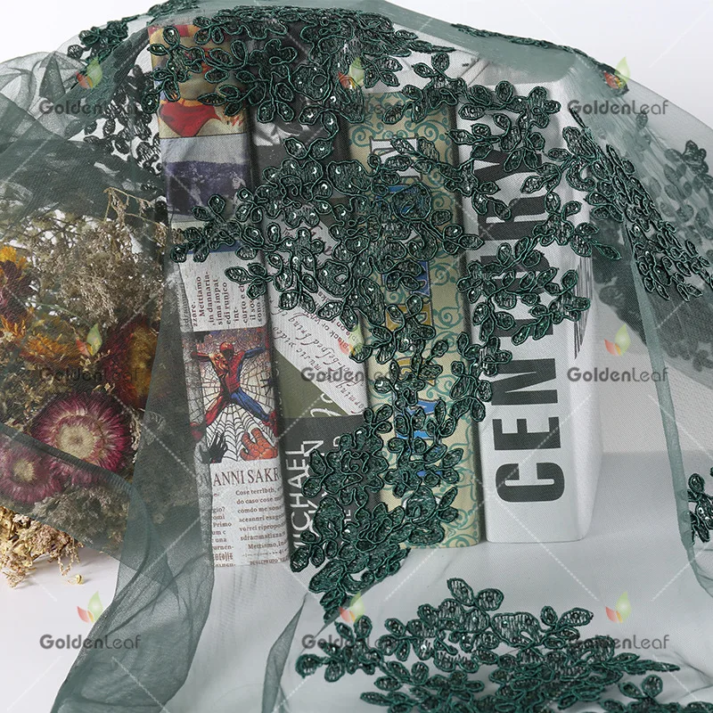 5 ярдов смешанные Тяжелые вышитые кружева сетки Ткань вечернее платье Зеленый