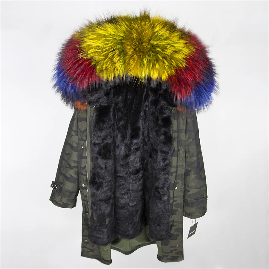 green Camouflage 17 OFTBUY,, пальто с натуральным мехом, X-long, Камуфляжная парка, зимняя куртка для женщин, большой воротник из натурального меха енота, капюшон, подкладка из натурального меха норки - Цвет: green Camouflage 17