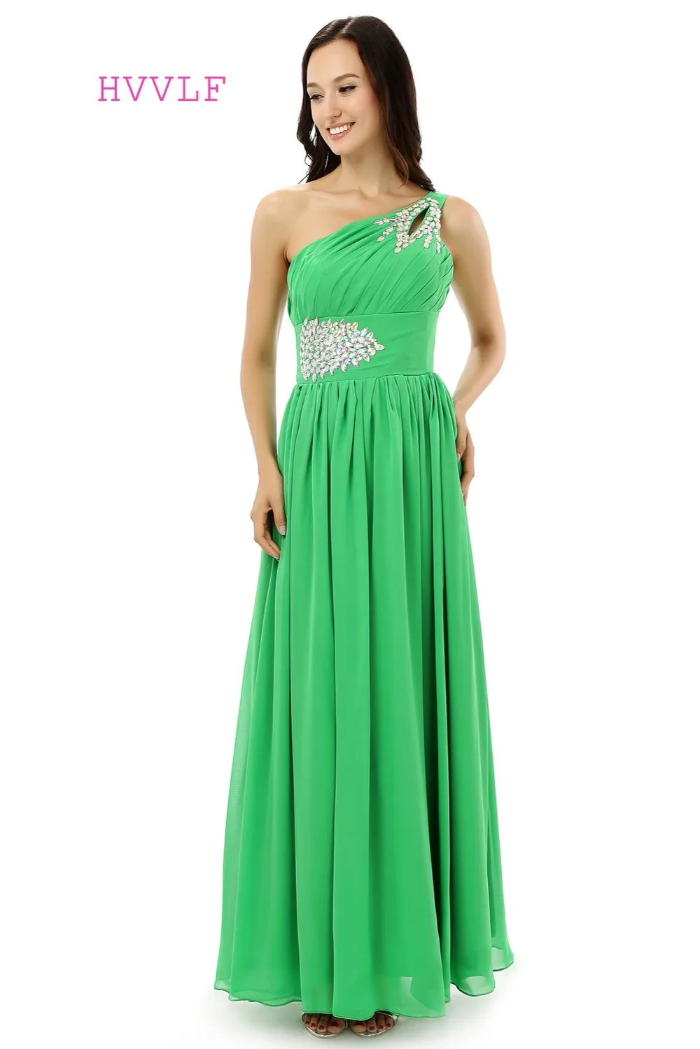 

Green Robe De Soiree A-line One-shoulder Floor Length Chiffon Beaded Formal Long Prom Dresses Prom Gown Evening Dress