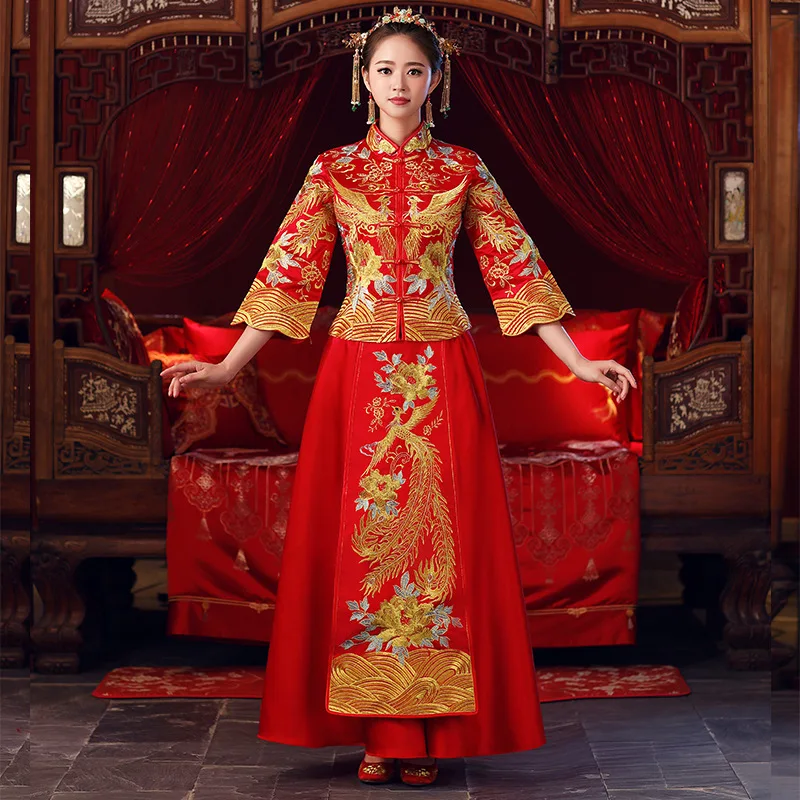 Винтажное красное свадебное платье Cheongsam с вышивкой в традиционном китайском