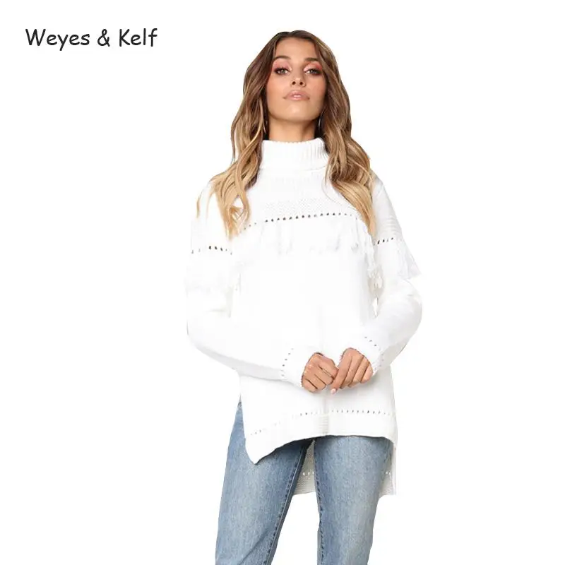 

Weyes & Kelf с кисточками с полой пяткой; Зимний свитер с высоким, плотно облегающим шею воротником для женщин вязаные жакеты 2020 осень Разделение ...