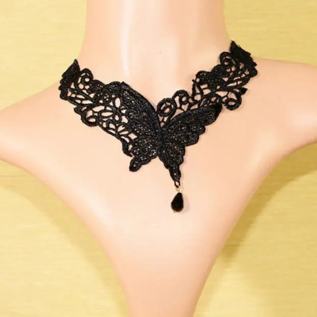 2016 Fashion Vintage Palace Gothic False Collar Black Beads Gem Butterfly Lace Necklace &amp Pendants Short Choker Necklaces Women |