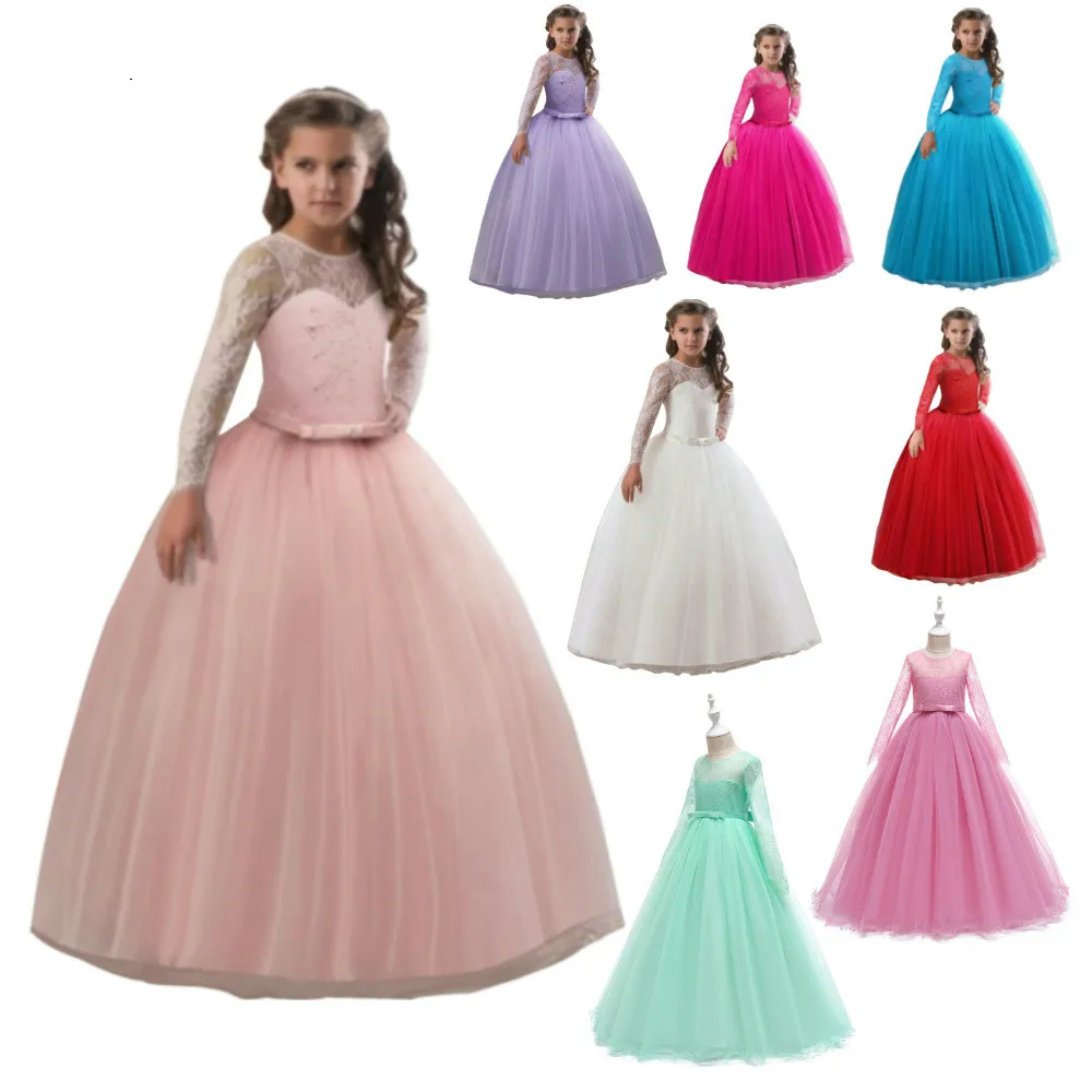 

Flower Girls Dresses Children Lace Sleeves Long Maxi Tulle Party Wedding Evening Dress Girls Princess Gown Clothing Vestido