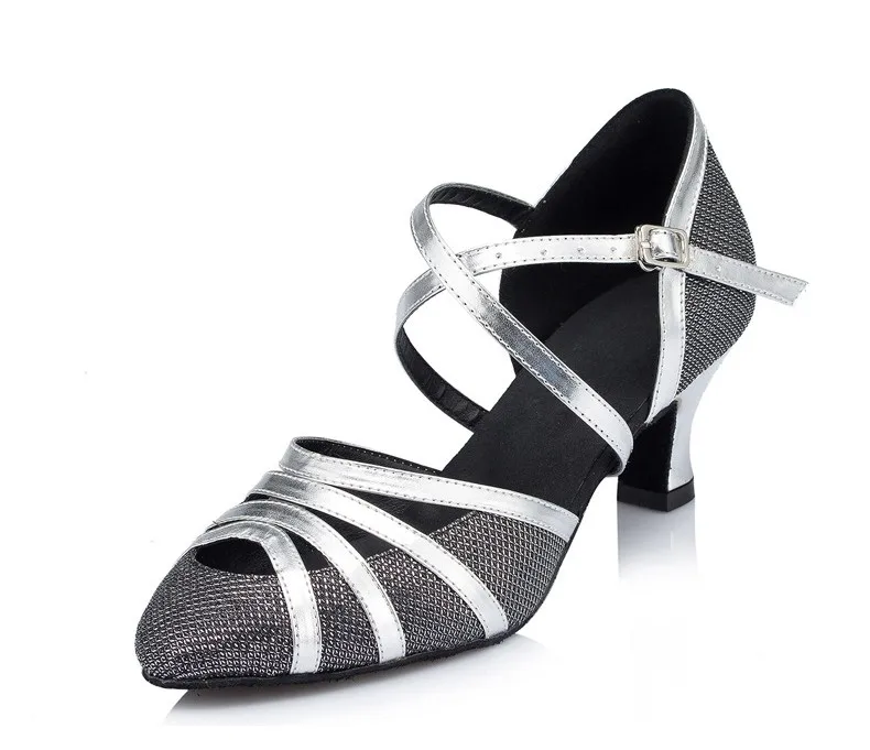 WUXIJIAO Brand Women's Latin dance shoes Autumn and Winter Ballroom dancing shoes 8cm heel height Gray Champagne Silver color