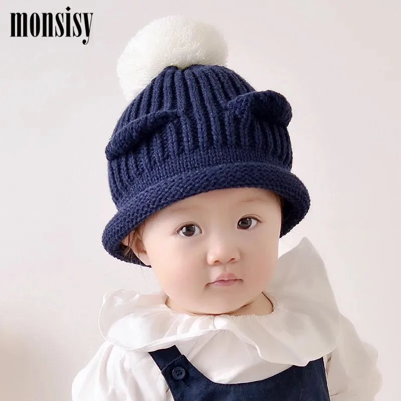 Monsisy/зимние шерстяные вязаные шапочки с черепами для детей шапка ушками