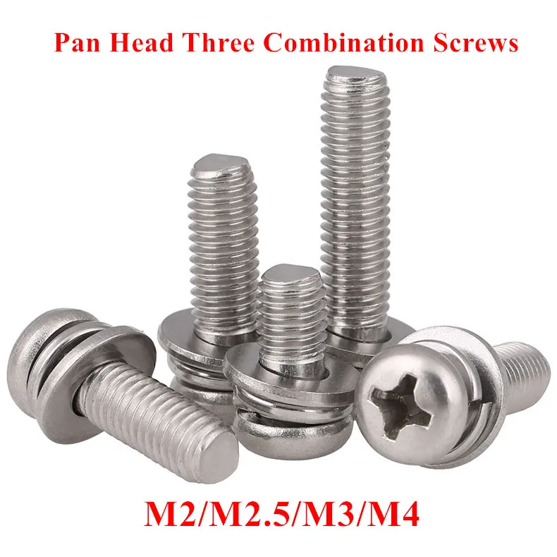 M2 M2.5 M3 M4 Phillips Pan Head Combination Screw Three Combined Bolt with Flat/ Spring Washer 304 Stainless Steel Bolts