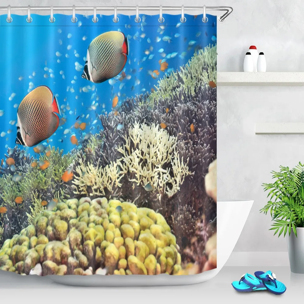 

LB Shower Curtains Underwater Panorama with Turtle Coral Reef and Fishes Pineapple Bathroom Curtains Set for Bath Tub Home Decor