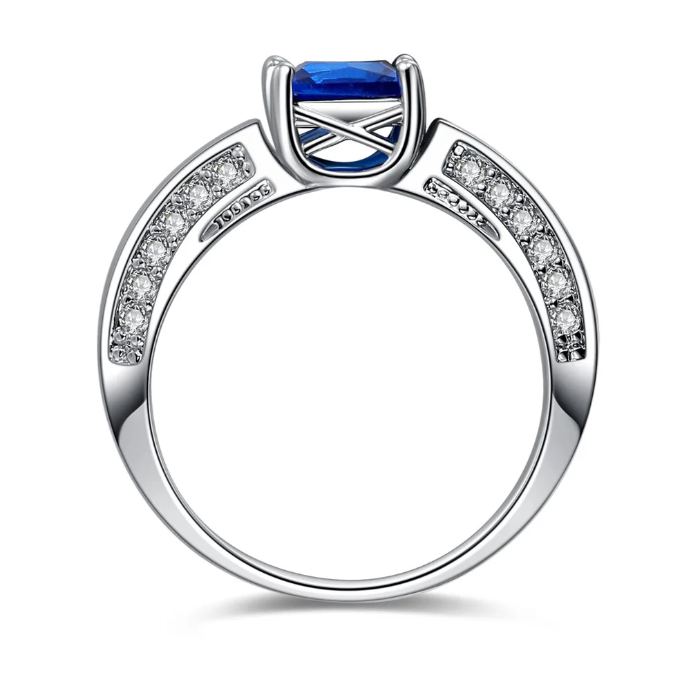 Silver Plated Ring for Wemon Simple and Solid Pink &amp Blue Color Stones Square Crystals Surround Full Sizes | Украшения и