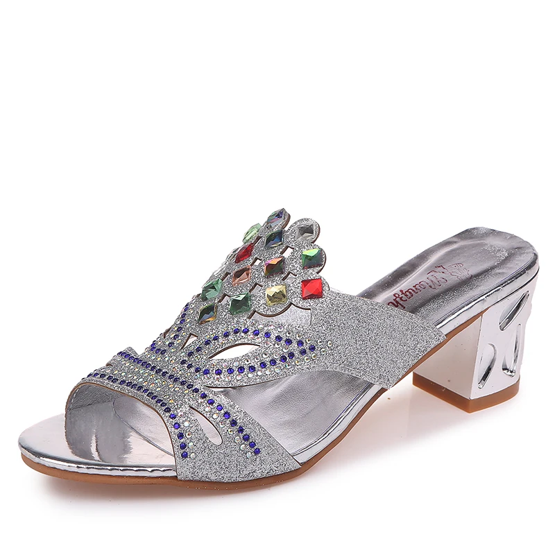 Women Summer Open Toe Chunky Heel Sandals Fashion Crystal Rhinestones Beach Flip Flops Slip On Outside Slides Shoes Woman F90273 - Цвет: Серебристый