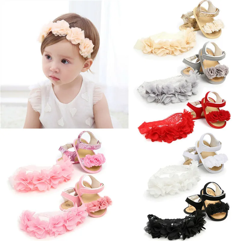 Princess Newborn Baby Girl Sandals Shoes 3D Flowers Soft Sole with Headband Leather 0-18M |