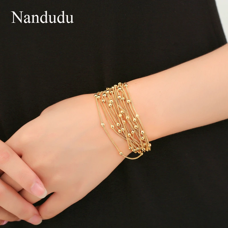 Nandudu, модные Многослойные золотые браслеты, металлические бусины, шарм, 20 см, браслет для женщин, браслет, Femme, ювелирное изделие, подарок, B1103