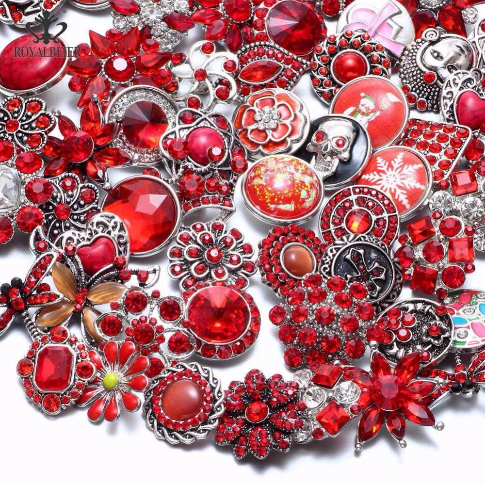 

RoyalBeier 50pcs/lot Red Series Mixed Styles Metal Button Charms 18mm Snap Button For 20mm Snap Bracelet Snap Jewelry KZHM076b