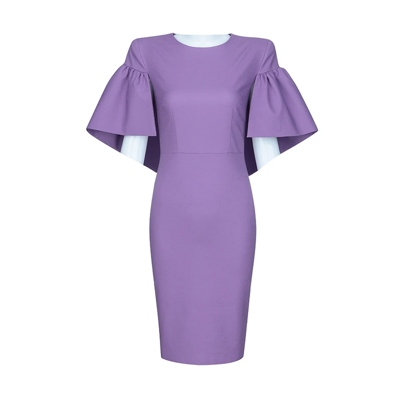 INDRESSME, новинка, модное Клубное платье с круглым вырезом и рюшами, Короткий плащ, рукав, женские вечерние платья, облегающее платье миди, фиолетовое платье для офисных леди