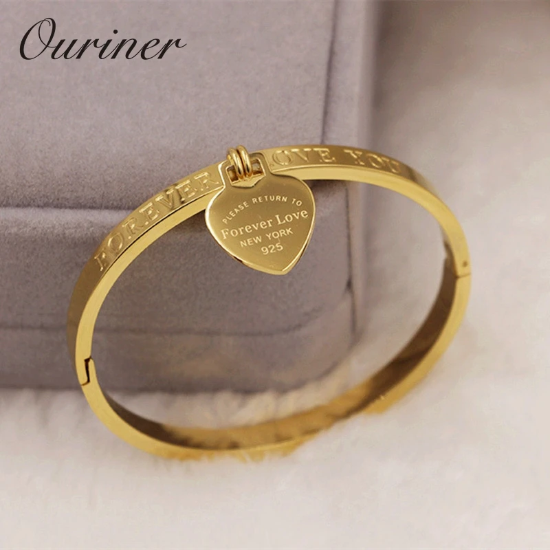 Женский браслет из нержавеющей стали цвета розового золота с надписью Forever Love Tag