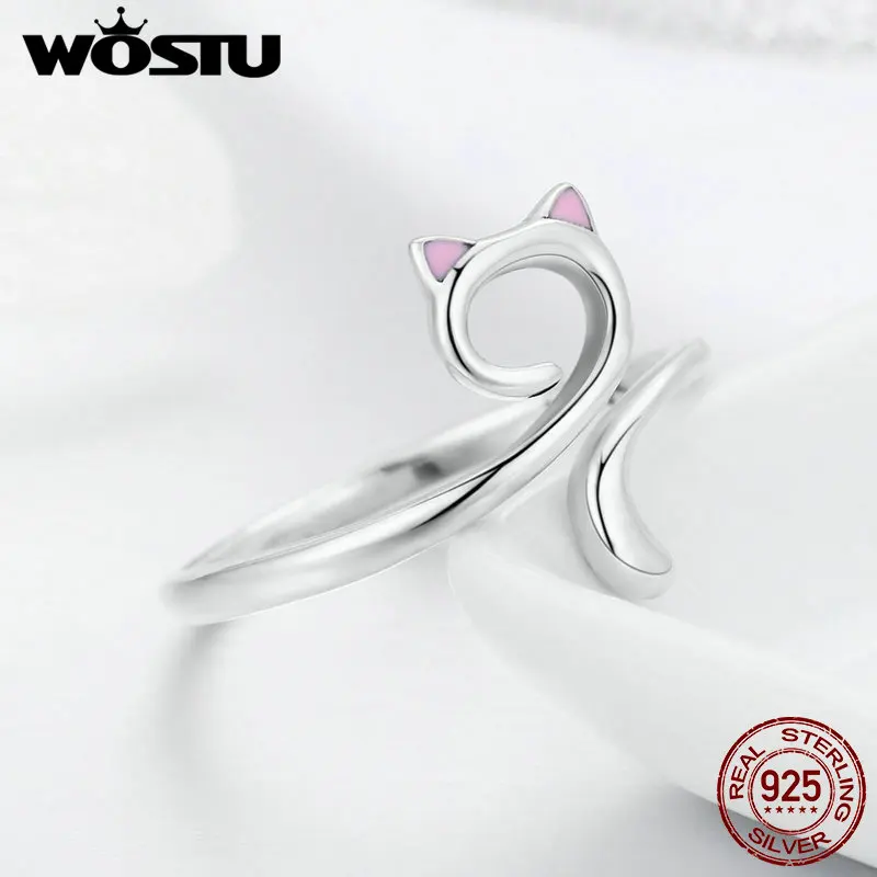 WOSTU однотонное кольцо из чистого 925 пробы серебра с милым котом для женщин и девочек, праздничная бижутерия с кольцами, подарок для девушки CQR341