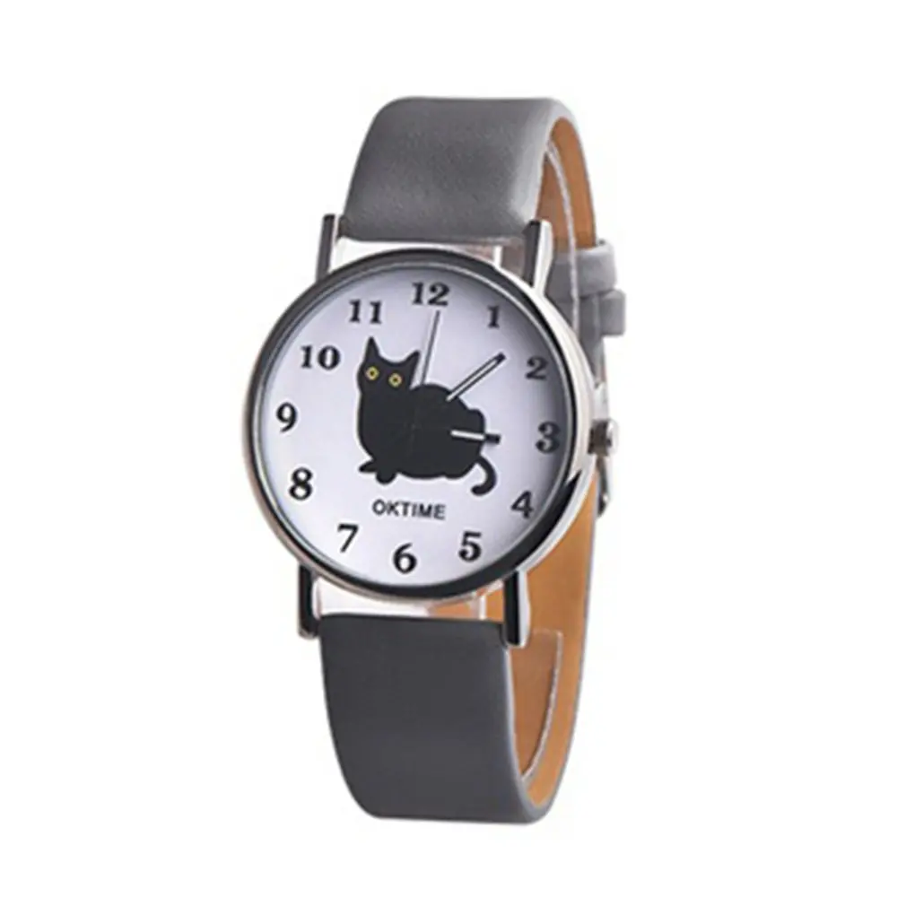 Женский милый кавайный Кот модный кожаный ремешок Круглый циферблат Кварцевые