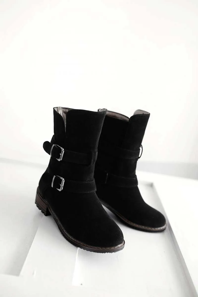 Ботинки Женщин Круглого Toe Пряжка Мотоцикл сапоги Для Стадо Мед Зимние Круглый