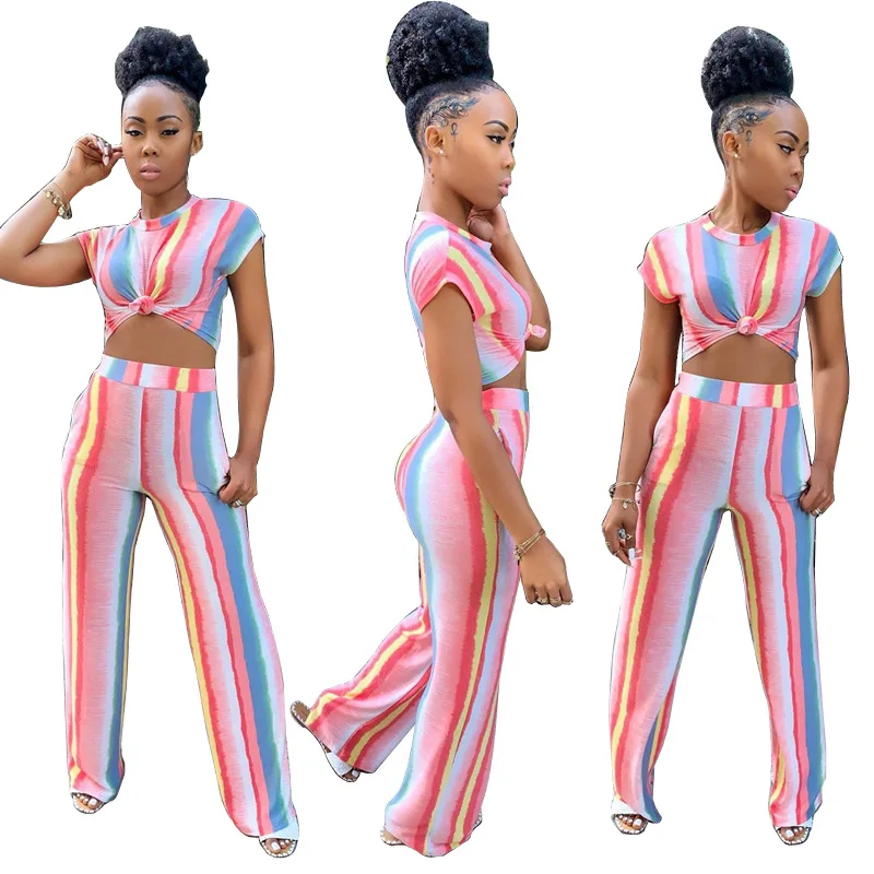 Женский Летний Полосатый хлопковый укороченный топ с широкими штанинами