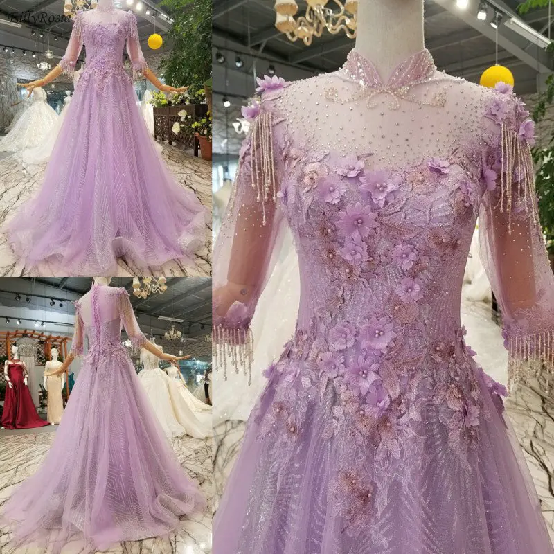 Lilac High Neck Prom Dress 2019 Sequins Beads Tassel Appliques Half Sleeve gala dress robes de bal vestidos cerimonia longos