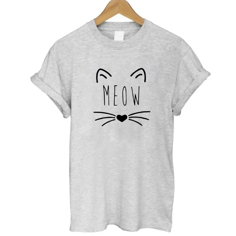 

Meow cat lovers T-shirt fashion cute meow cat t shirt girls cute t shirt grey pink tees tops high quality casual tshirts