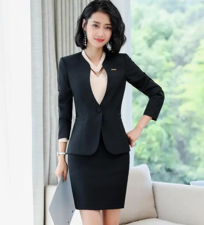 Black coat and skirt Профессиональная одежда новые темпераментные Модные женские костюмы с юбкой OL формальные с длинным рукавом Тонкий Блейзер и юбка офисные женские рабочие костюмы - Цвет: Black coat and skirt