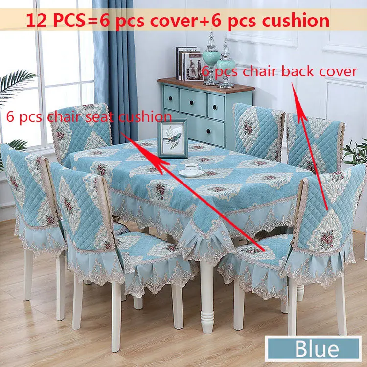 Blue 12pcs Европейский жаккард кружевная скатерть подол прямоугольные скатерти чехлы для стульев Подушка смывающаяся печать цветок белая ткань 130*180 см - Цвет: Blue 12pcs